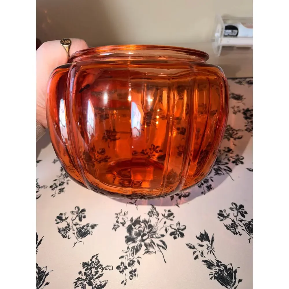 Vintage Amber Glass Pumpkin Candy Dish with Lid Ribbed Fall Halloween Decor